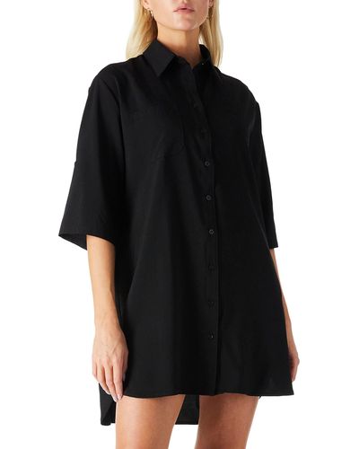 FIND Casual Half Sleeve Button Down Mini Shirt Dress Plus Size V Neck Tunic Blouses Tops With Pockets - Black
