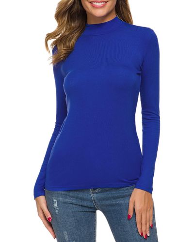 FIND Slim Fit Mock Turtleneck Tops Long Sleeve Stretch Pullover Plain T Shirts - Blue