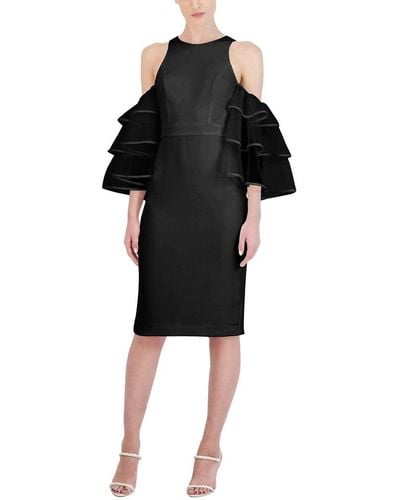 BCBGMAXAZRIA Fitted Short Evening Dress Cold Shoulder Ruffle Sleeve Back Slit - Black