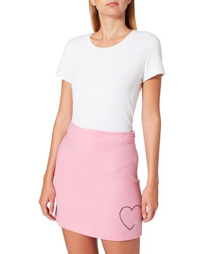 Love Moschino S Tube Stretch Wool Fabric. Customized Matching hue Rhinestone Heart with Shiny Print in Front. Skirt - Pink