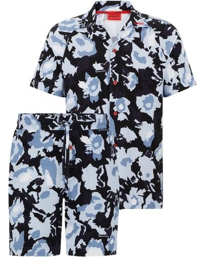 HUGO Foliage PJ Short Pyjama aus Stretch-Baumwolle mit abstraktem Blumen-Print Dunkelblau S