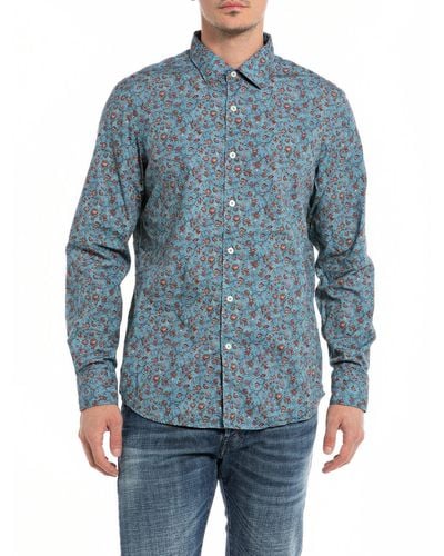 Replay Shirt Long Sleeve All Over Print - Blue