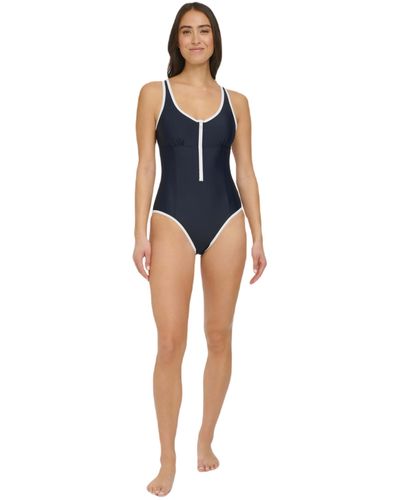 Tommy Hilfiger Over The Shoulder Half Zip Detail Everyday One Piece Swimsuit - Blue