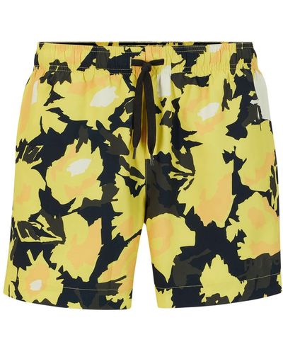 HUGO Quick-dry Printed Swim Shorts In Recycled Fabric - Yellow