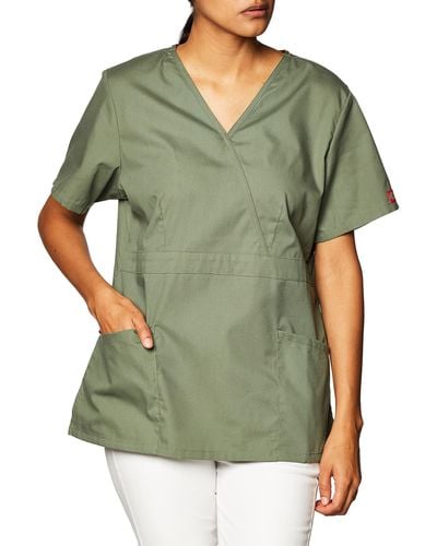 Dickies Womens Signature Mock Wrap Top With Multiple Instrument Loop Medical Scrubs Shirt - Green