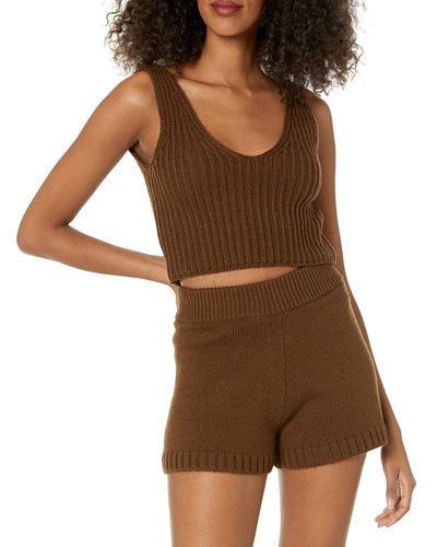 The Drop Sylvie Double V-neck Textured Rib Cropped Jumper Tank - Brown