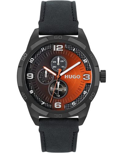 HUGO Multi Zifferblatt Quarz Uhr für mit Schwarzes Lederarmband - 1530275 - Orange