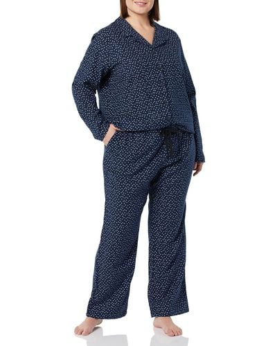 Amazon Essentials Flanell-Schlafanzug mit Shirt mit Langen Ärmeln und Knopfleiste vorne und Hose - Blau