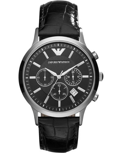 Emporio Armani Chronograph Stainless Steel And Black Leather Watch