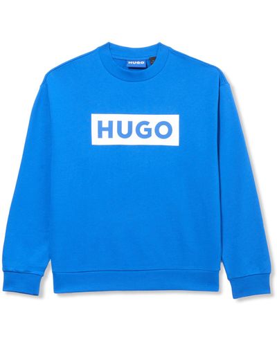 HUGO Logo Stripe Cotton Crew Neck Sweatshirt - Blue