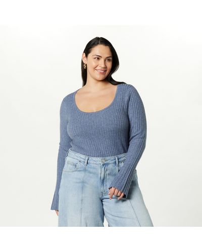 The Drop Beatrice Bell Sleeve Scoop Neck Sweater Pull - Bleu