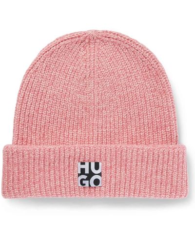 HUGO Knitted Beanie Hat With Stacked Logo - Pink