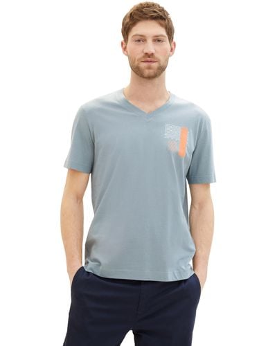 Tom Tailor Basic T-Shirt mit V-Ausschnitt und kleinem Print - Blau