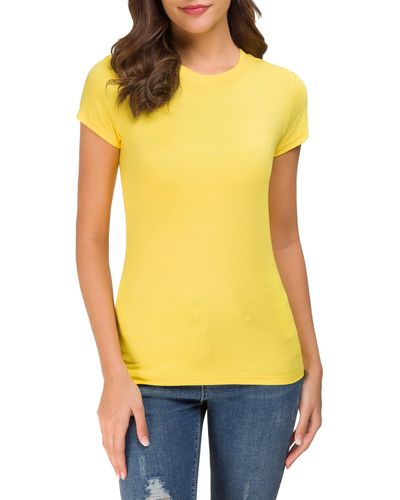 FIND Crewneck Slim Fitted Short Sleeve T-shirt Stretchy Bodycon Basic Tee Tops - Yellow