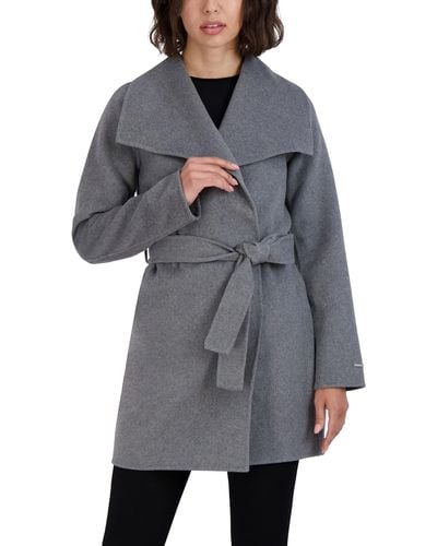 Tahari Wool Wrap Coat With Tie Belt - Gray