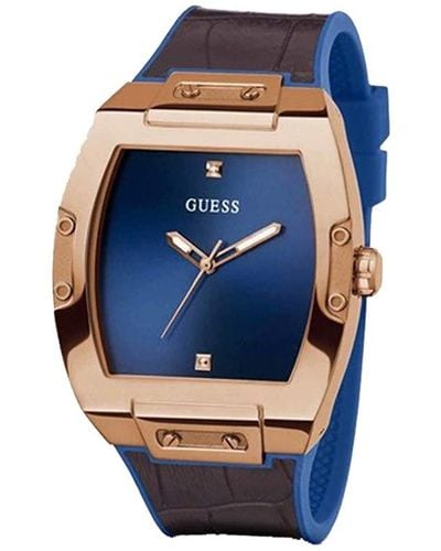 Guess Trend Casual Tonneau Diamond 43mm Watch – Blue Dial Rose Gold Stainless Steel Case With Brown & Blue Flex