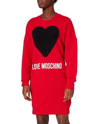 Love Moschino Maxi Heart with Tulle Ruffle Applique and Logo Print Casual Abito da Donna - Rosso