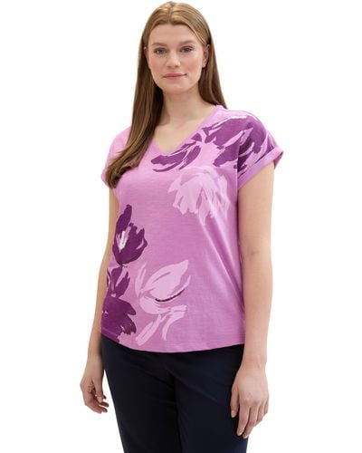 Tom Tailor Plussize Basic T-Shirt mit Blumenmuster - Pink