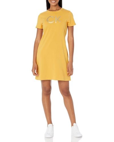 Calvin Klein Relaxed Short Sleeve Midi Logo T-shirt Dress - Yellow
