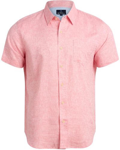 Ben Sherman Classic Fit Short Sleeve Button Down Woven Linen - Pink