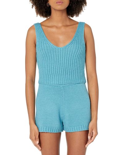 The Drop Sylvie Double V-neck Textured Rib Cropped Jumper Tank - Blue