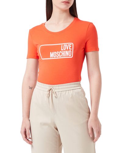 Love Moschino Short Sleeves in Stretch Cotton Jersey with institutional Logo T-Shirt - Arancione