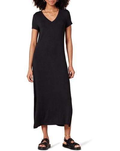 Amazon Essentials Jersey V-neck Short-sleeved Midi-length Dress - Black