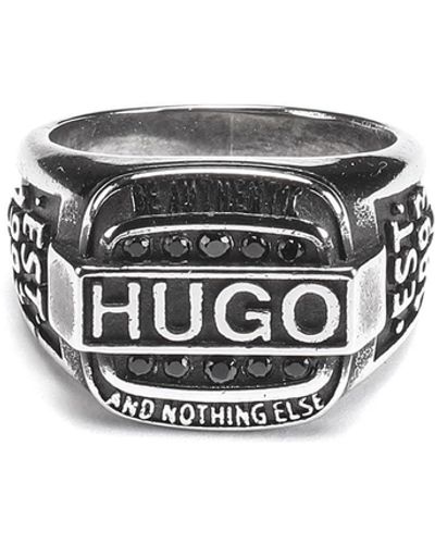 HUGO Logo-Ring mit geschliffenen Glassteinen - Mettallic