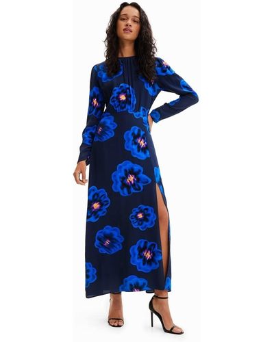 Desigual Long Floral Slit Dress - Blue
