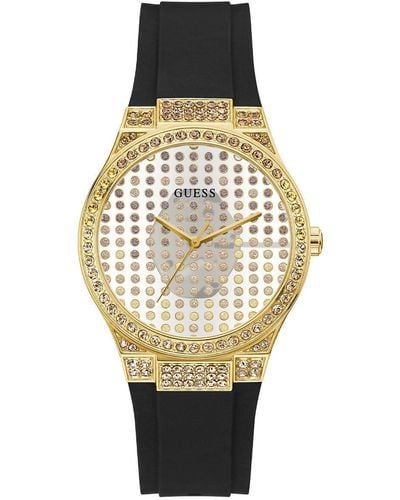 Guess Us Vrouwen Helder Goud-tone En Zwart Siliconen Analoog Horloge - Metallic