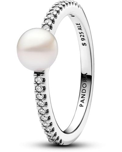 PANDORA Timeless Sterling Silver Ring With White Treated Freshwater Cultured Pearl And Clear Cubic Zirconia - Metallic
