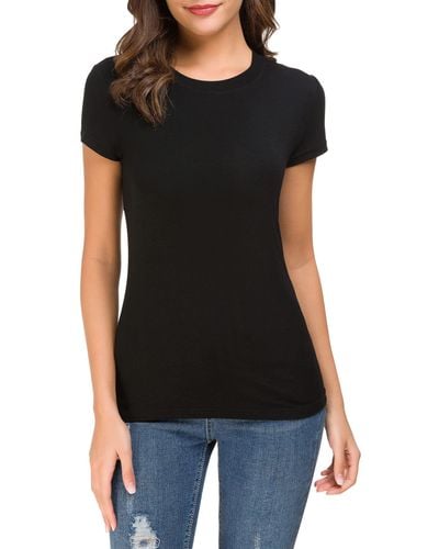 FIND Crewneck Slim Fitted Short Sleeve T-shirt Stretchy Bodycon Basic Tee Tops - Black
