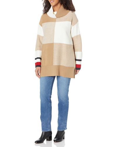 Tommy Hilfiger Check Cozy Turtleneck Tunic Sweater Pullover - Natural