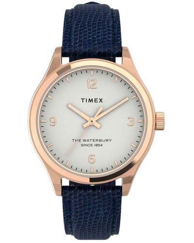 Timex 34 Mm Waterbury Traditional Leather Strap Watch Rose Gold/white/blue One Size - Multicolor