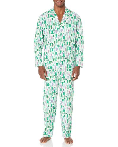 Amazon Essentials Flanell-Schlafanzug mit Shirt mit Langen Ärmeln und Knopfleiste vorne und Hose - Grün