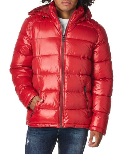 Guess Mens Mid-weight Puffer Jacket With Removable Hood - Red