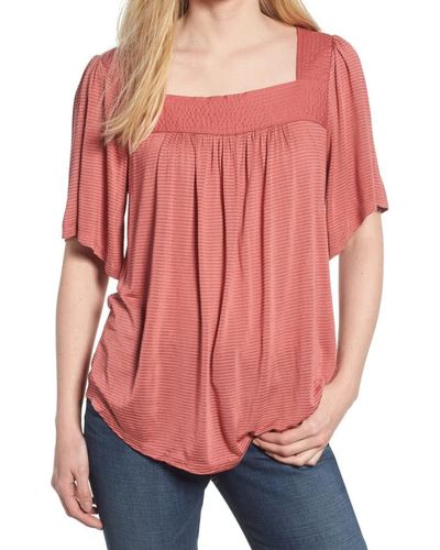 Lucky Brand Womens Shadow Stripe Solid Peasant Top Shirt - Pink