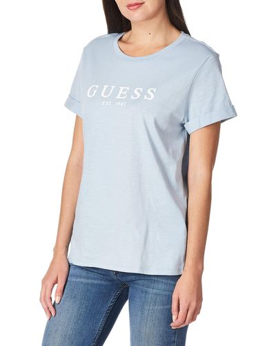 Guess Maglia donna mezze maniche estiva t-shirt in cotone celeste con stampa M - Blu