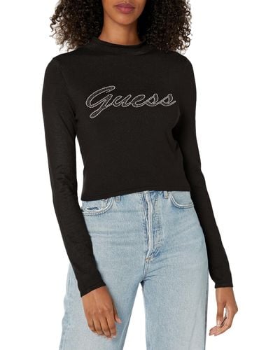 Guess Ladies Long Sleeve Rhinestone Logo Sweater - Black