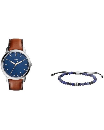 Fossil Brown Leather Watch and Silver-Tone Stainless Steel Bracelet - Blau
