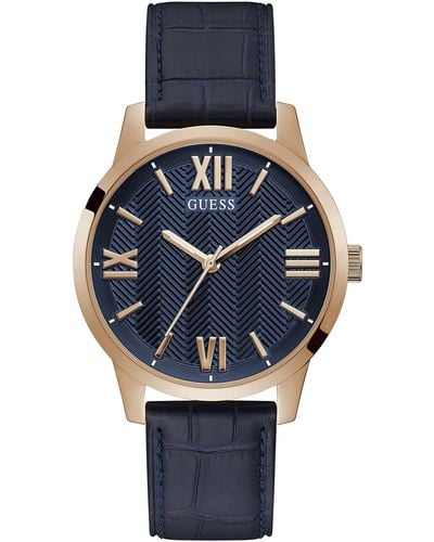 Guess Stainless Steel Quartz Watch with Leather Strap - Blau