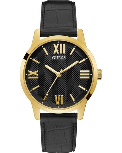 Guess Stainless Steel Quartz Watch With Leather Strap - Zwart