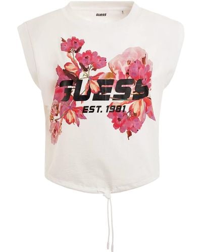 Guess T-Shirt Crop Top Donna Logo Floreale Bianco ES23GU54 V3RI05KBC30 S