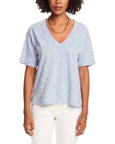 Esprit Baumwoll-T-Shirt mit V-Ausschnitt und Print - Weiß