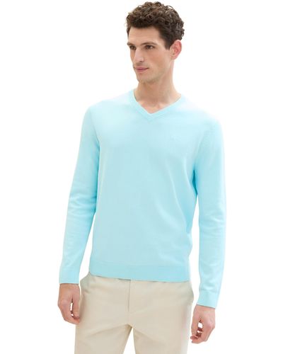 Tom Tailor Basic Pullover mit V-Ausschnitt aus Baumwolle - Blau