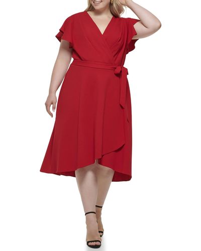 DKNY Flutter Sleeve Asymmetrical Hem Faux Wrap Dress - Red