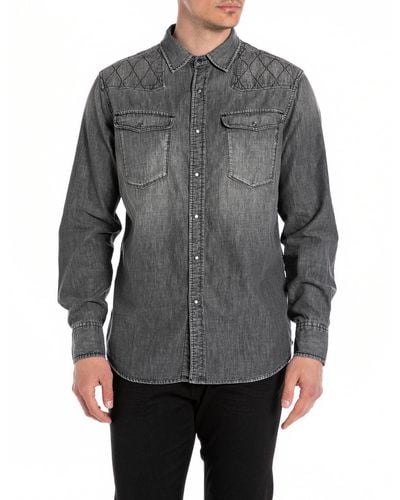 Replay Men's Long-sleeved Denim Shirt Made Of Denim - Grey