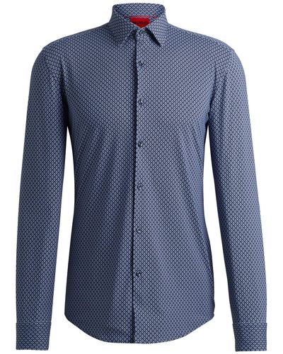 HUGO S Kenno Slim-fit Shirt In Printed Performance-stretch Fabric Blue