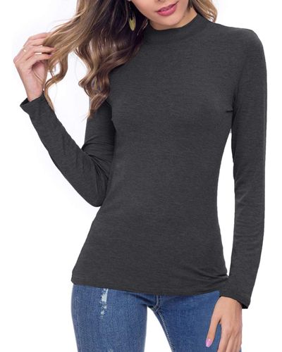 FIND Slim Fit Mock Turtleneck Tops Long Sleeve Stretch Pullover Plain T Shirts - Black