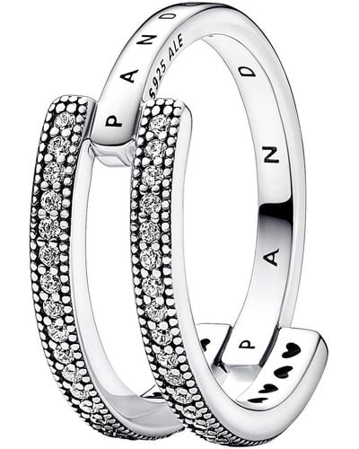 PANDORA Signature Logo & Pavé Double Band Sterling Silver Ring With Clear Cubic Zirconia - White